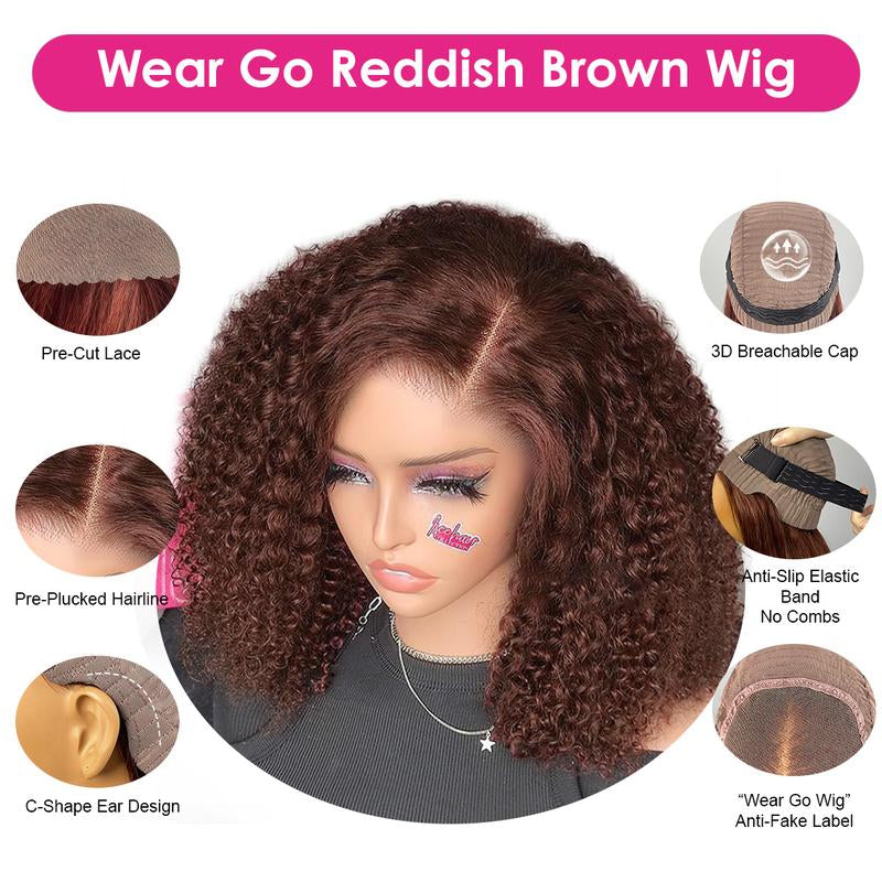【Zakaiyah B.】ISEE Wear Go Kinky Curly Reddish Brown Color Glueless Human Hair 6*4 Lace Closure Wig Beginner Friendly Gifts for Girlfriend/Wife/Family #Tiktokshopbacktoschool#Iseehairbeauty#Fallfreshness Outdoorfun